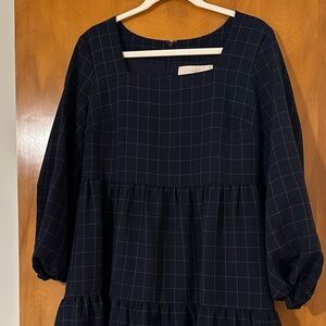 Navy and White Tiered Midi Dress with Balloon Sleeves